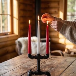Hand lighting candles on black iron loft triple candle holder on rustic wooden table – cozy home atmosphere