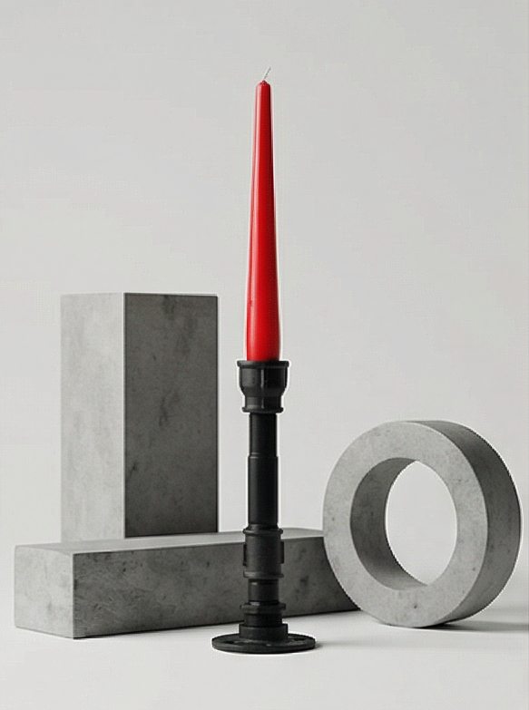 Black iron loft single candle holder with red candle on concrete geometric background – Choose.lv