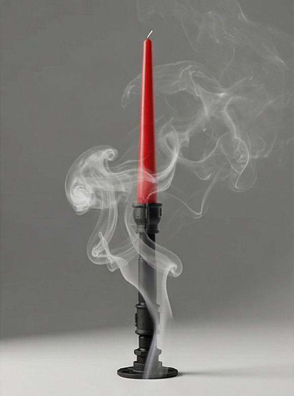Black iron loft single candle holder with red candle and smoke effect – handmade from Choose.lv