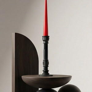 Wooden sculptural single candle holder with red candle – original handmade home decor from Choose.lv