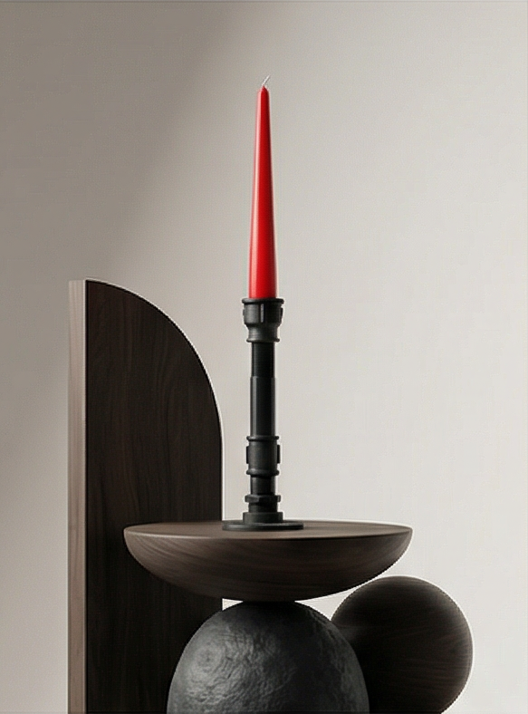 Wooden sculptural single candle holder with red candle – original handmade home decor from Choose.lv
