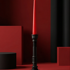 Tall black iron loft single candle holder with red candle on dark red background – Choose.lv