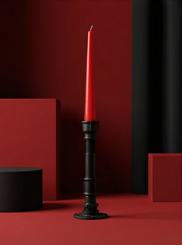 Tall black iron loft single candle holder with red candle on dark red background – Choose.lv