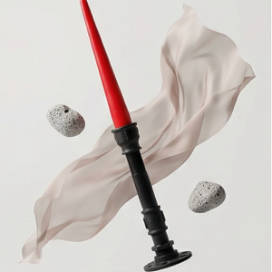 Tall black iron loft-style single candle holder with red candle – handmade home decor from Choose.lv