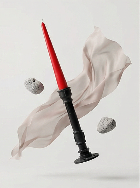 Tall black iron loft-style single candle holder with red candle – handmade home decor from Choose.lv