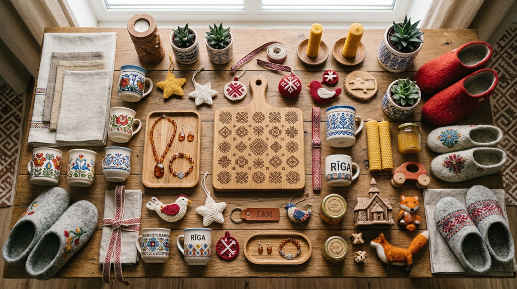 Latvian handmade souvenirs flat lay with pottery mugs, amber necklace, felt slippers, embroidered linen, wooden toys and Riga decor